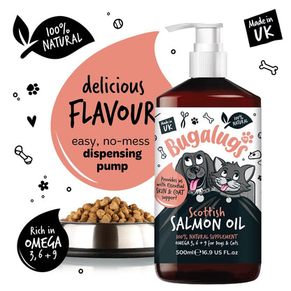 Bugalugs 100% Pure Salmon Oil for Dogs, Cats & Pets 500Ml, Healthy Skin & Coat