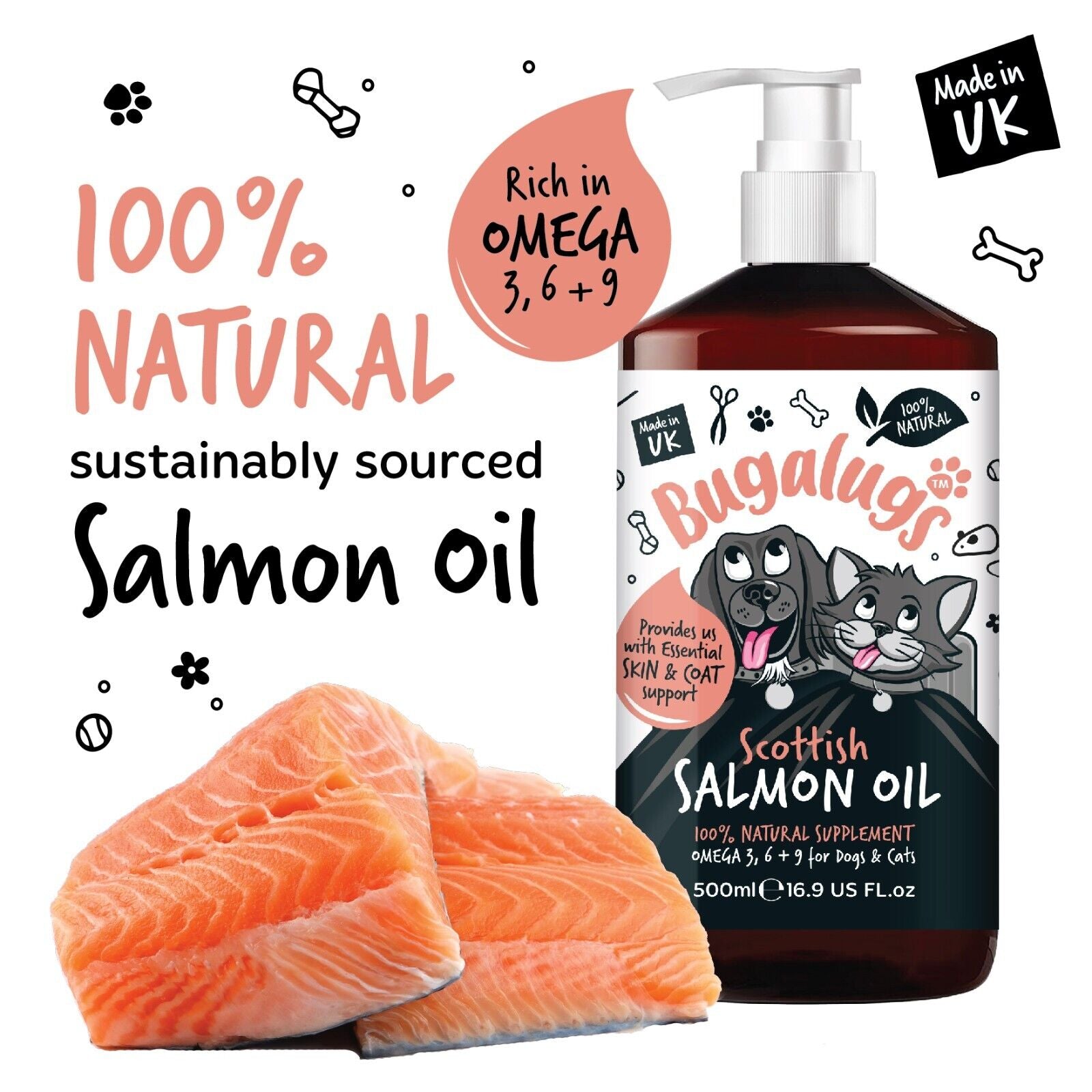 Bugalugs 100% Pure Salmon Oil for Dogs, Cats & Pets 500Ml, Healthy Skin & Coat