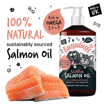Bugalugs 100% Pure Salmon Oil for Dogs, Cats & Pets 500Ml, Healthy Skin & Coat