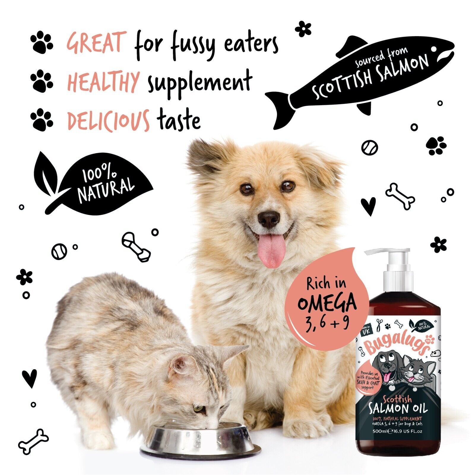 Bugalugs 100% Pure Salmon Oil for Dogs, Cats & Pets 500Ml, Healthy Skin & Coat
